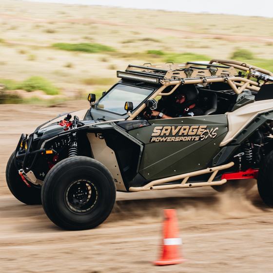 Olive and tan Can-Am Maverick built by Savage Powersports